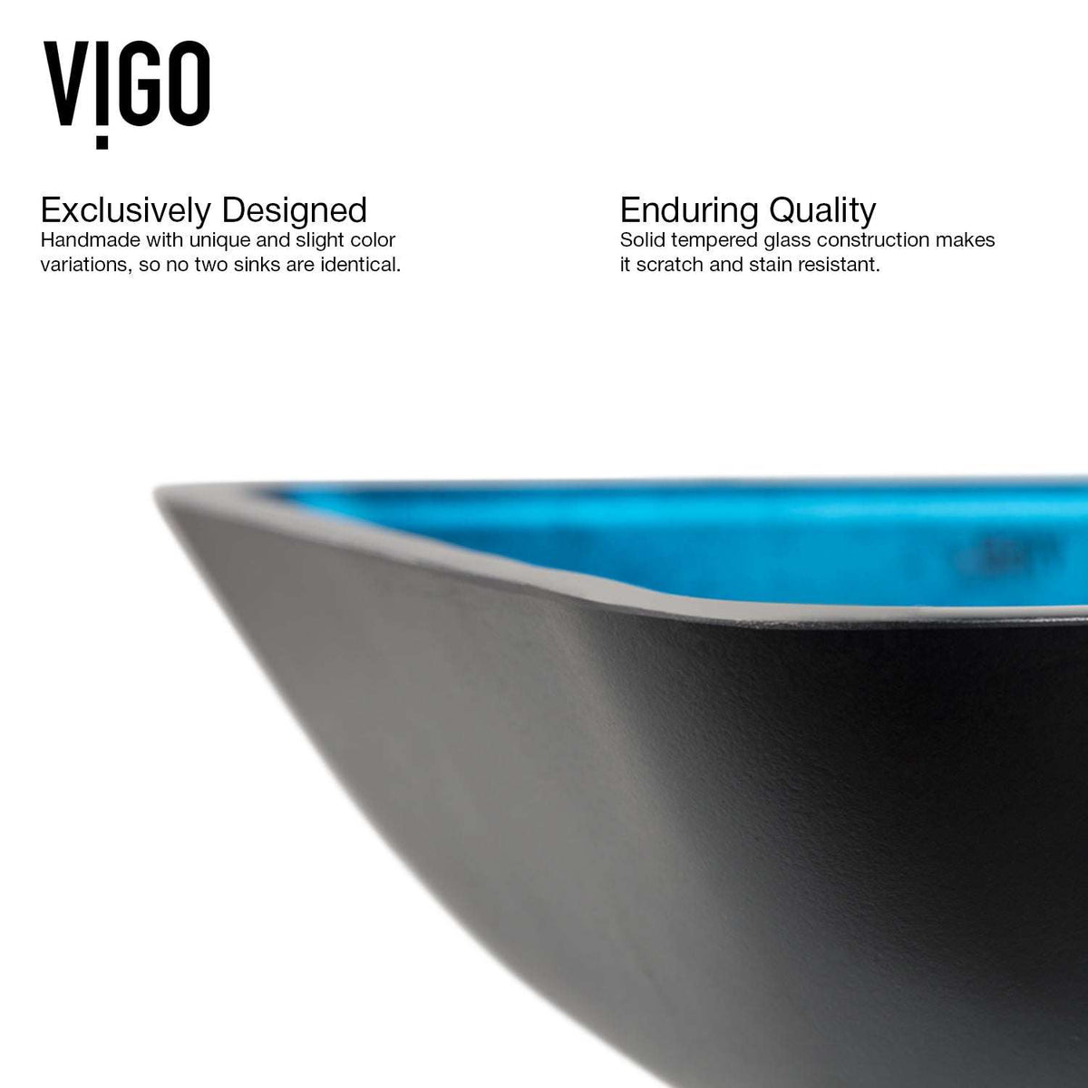 Rectangular glass vessel sink with handmade craftsmanship and turquoise hue