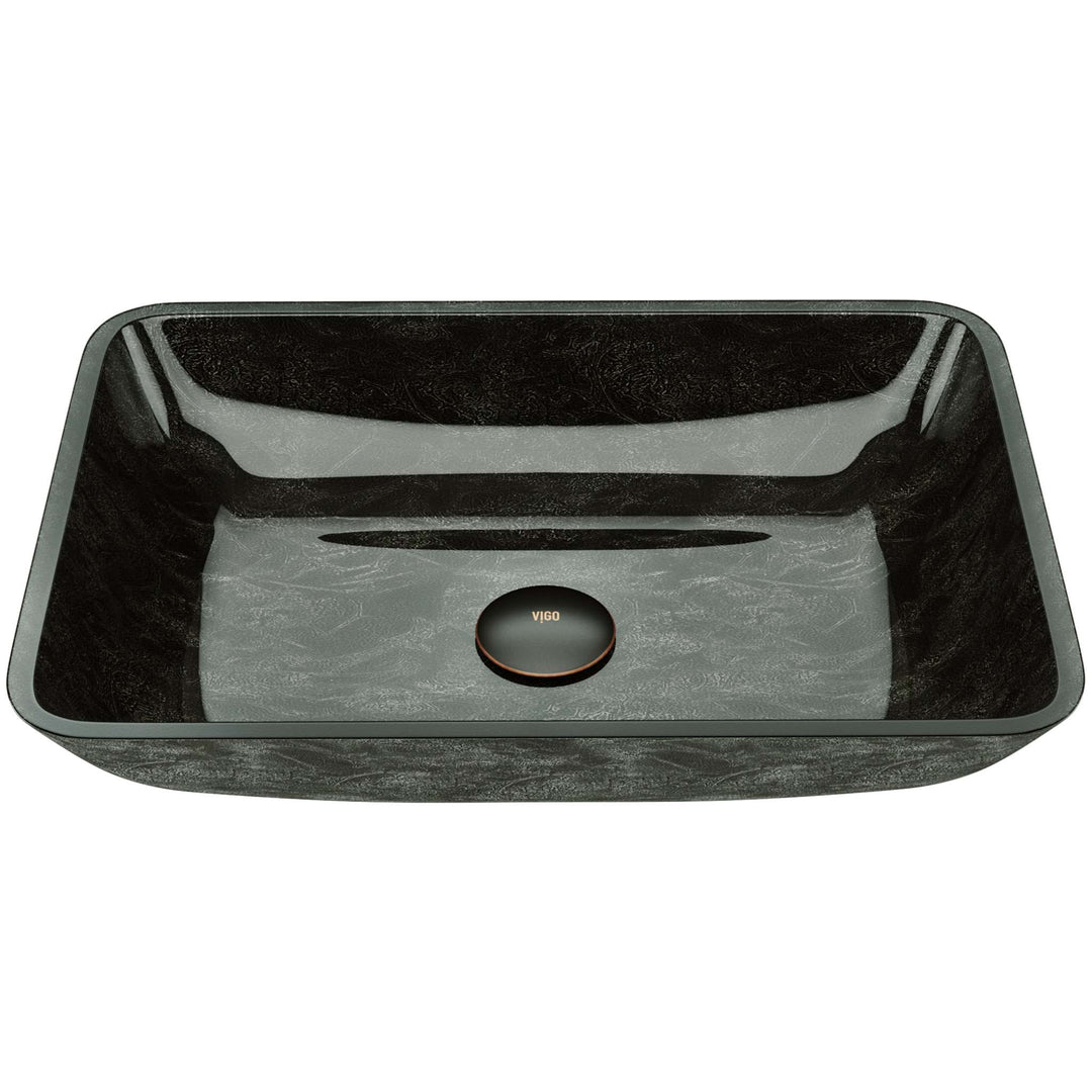 Gray Onyx glass vessel sink with rectangular shape and modern style