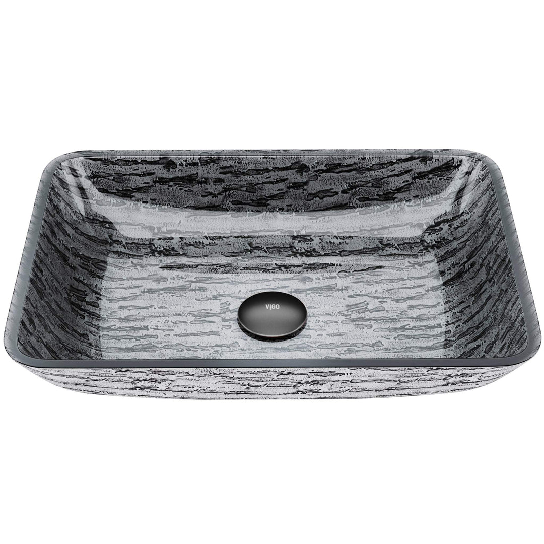 Slate Grey glass vessel sink with rectangular shape and modern design