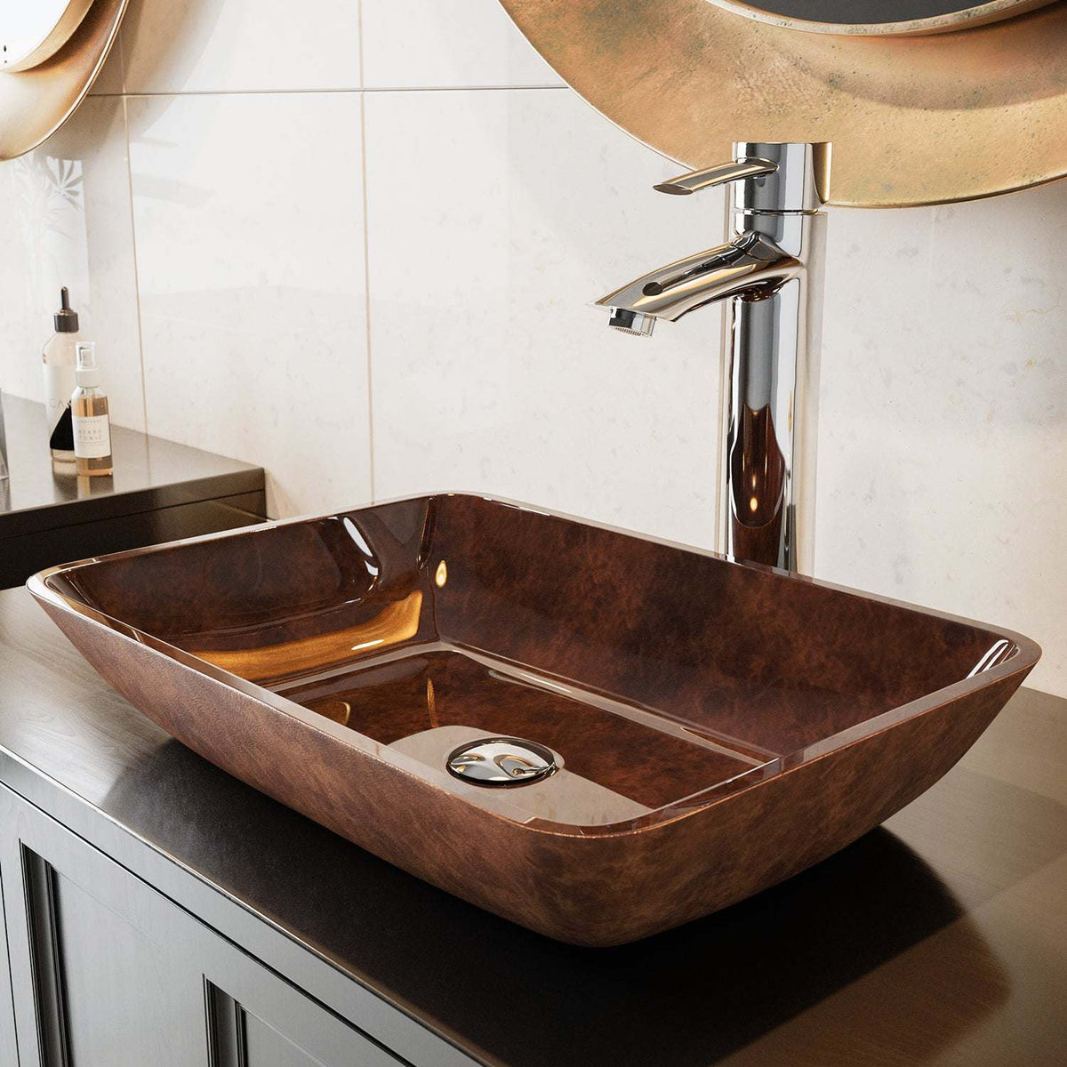 Handmade rectangular sink in red and brown fusion finish for contemporary bathrooms
