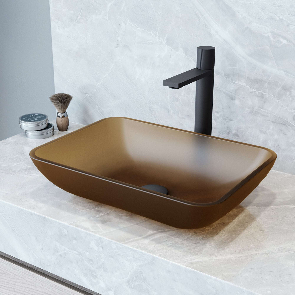 Amber glass vessel sink with rectangular shape and modern design