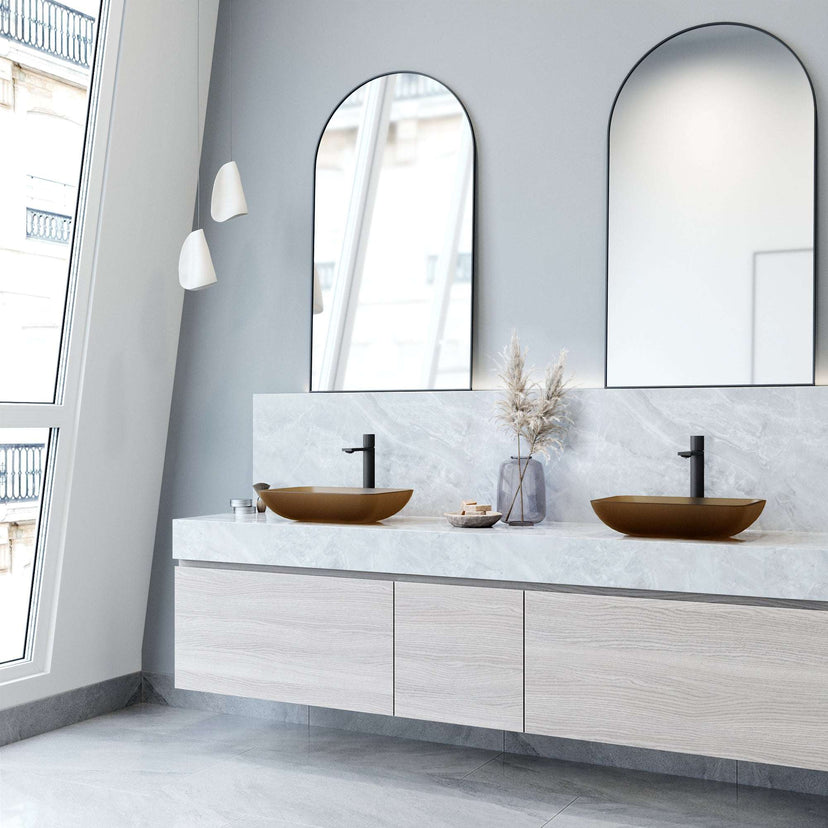 Glass vessel sink with modern design and amber color for bathrooms