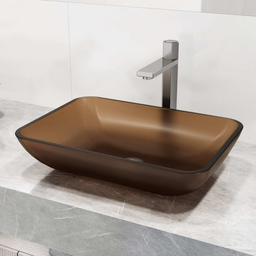 Contemporary glass vessel sink in amber finish, fade and scratch resistant