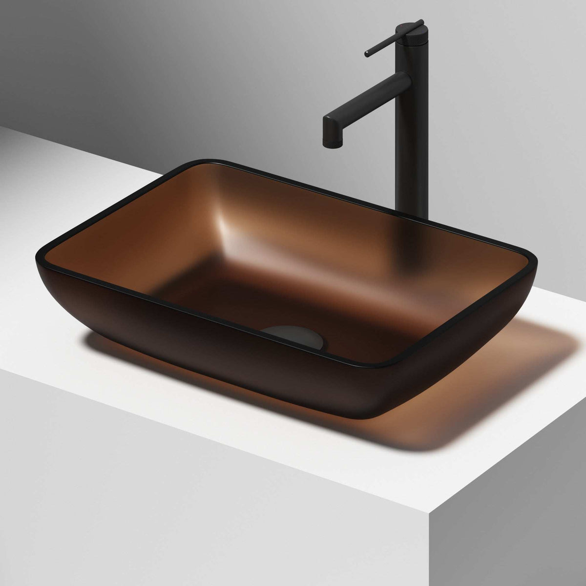 Scratch-resistant amber glass vessel sink with rectangular shape