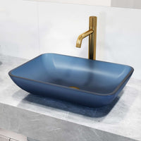 Royal Blue glass vessel sink with rectangular shape and modern style