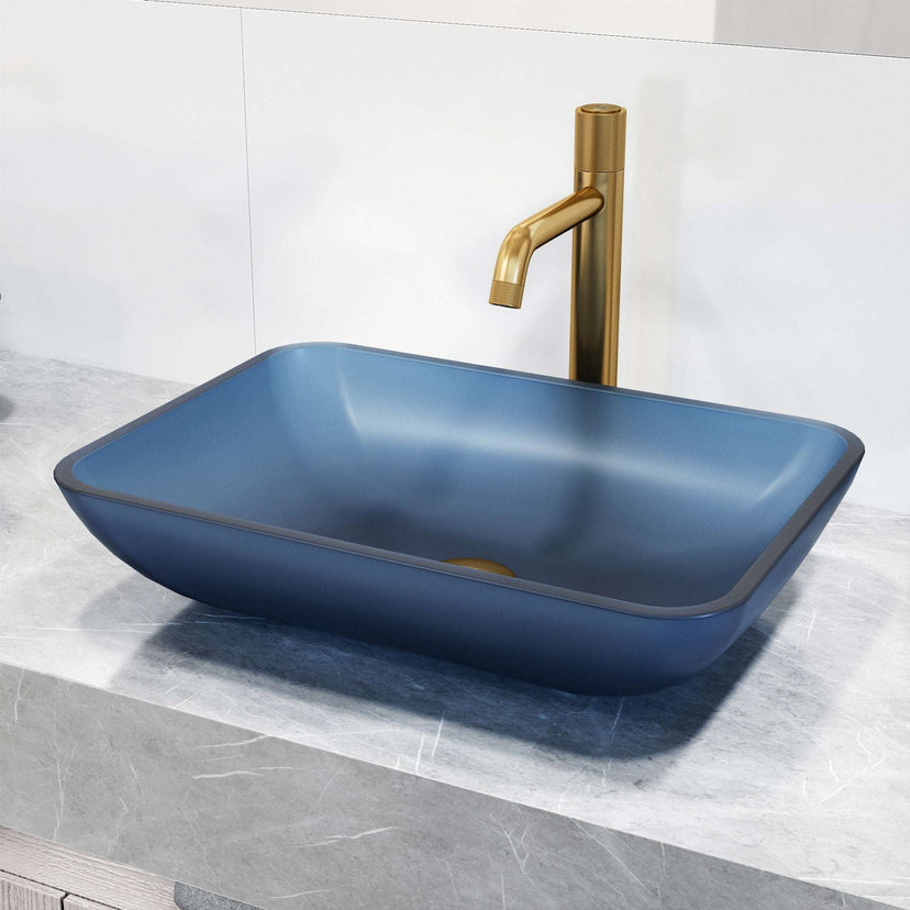 Royal Blue glass vessel sink with rectangular shape and modern style
