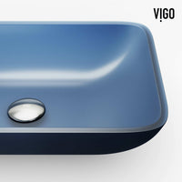 Modern rectangular glass vessel sink with royal blue finish