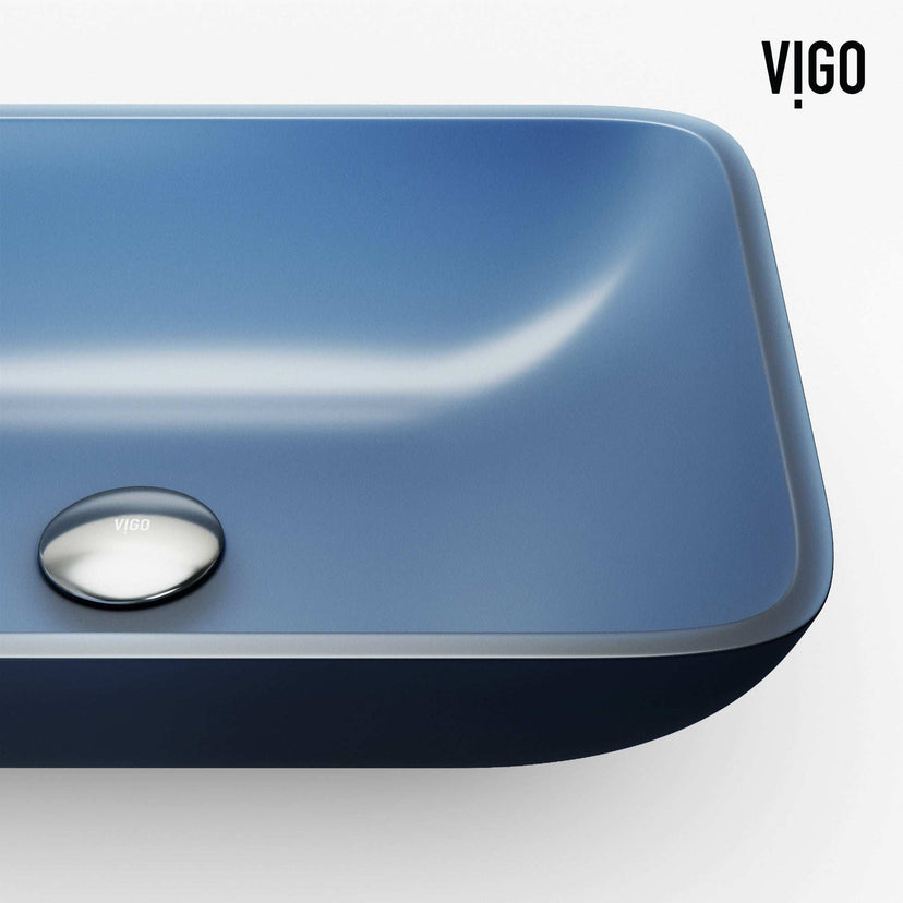 Modern rectangular glass vessel sink with royal blue finish