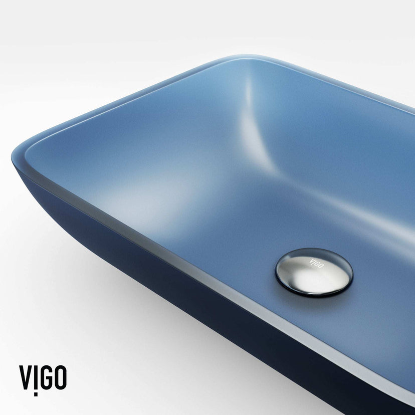 Rectangular glass vessel sink with handmade craftsmanship and royal blue color