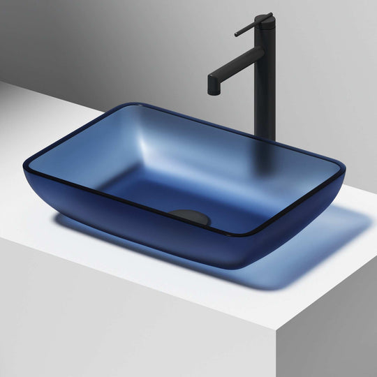 Royal blue finish glass sink with rust-resistant properties and modern style