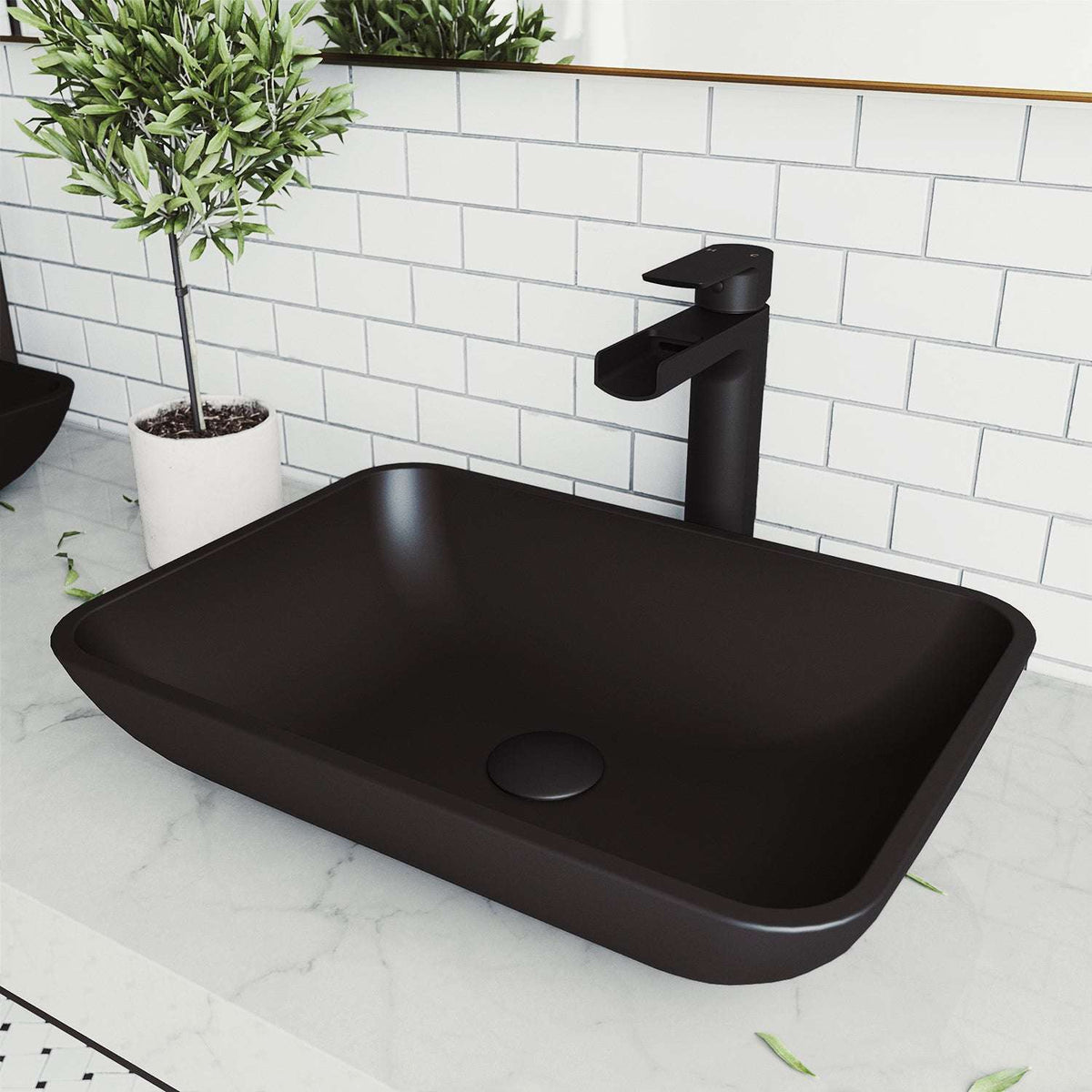 Black glass vessel sink with rectangular shape and modern design