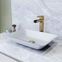 White glass vessel sink with rectangular shape and modern style