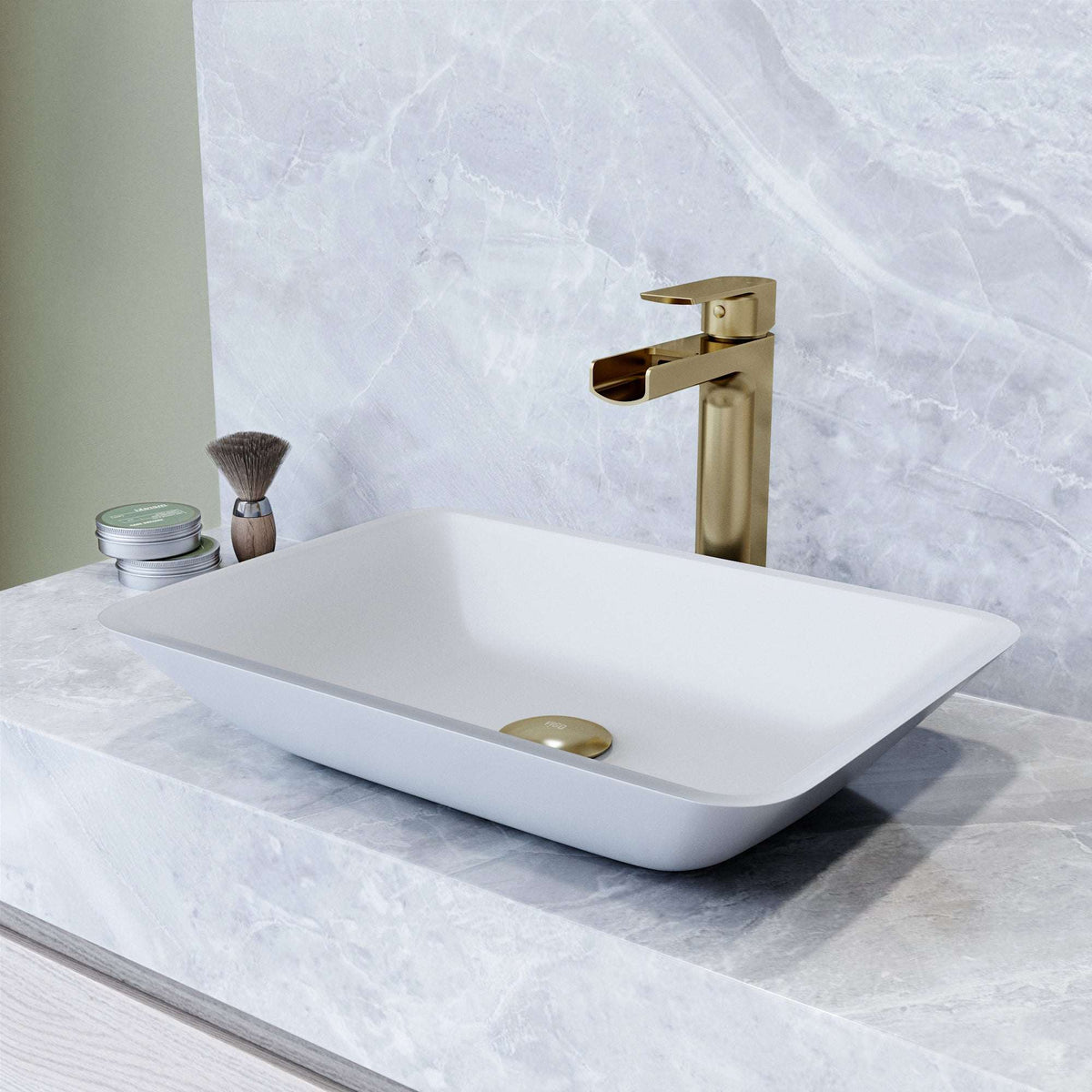 White glass vessel sink with rectangular shape and modern style