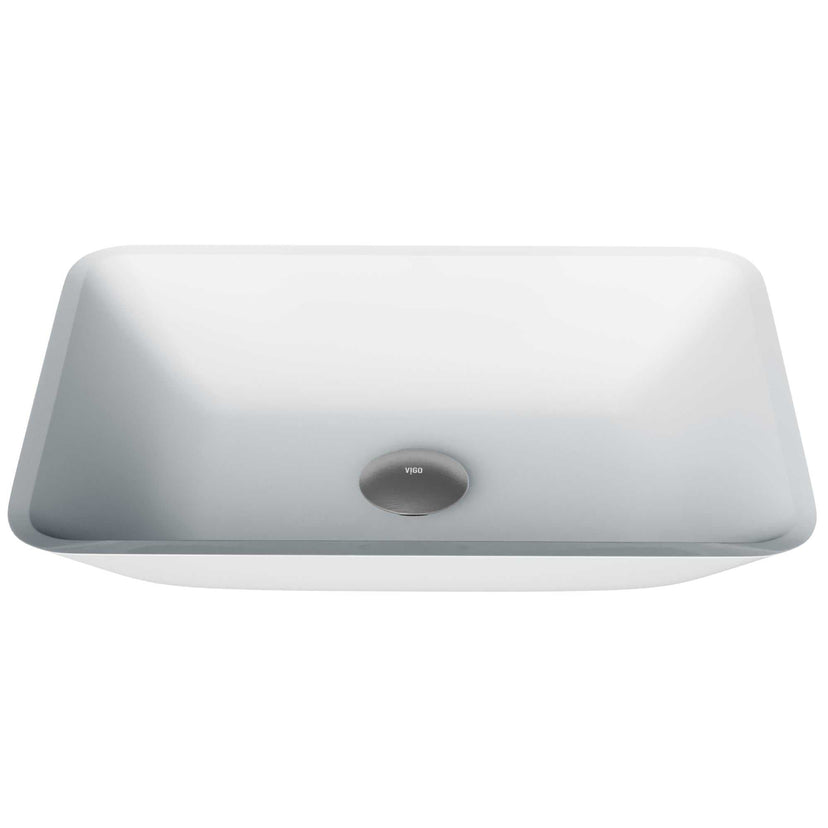 Glass vessel sink with modern design and white color for bathrooms