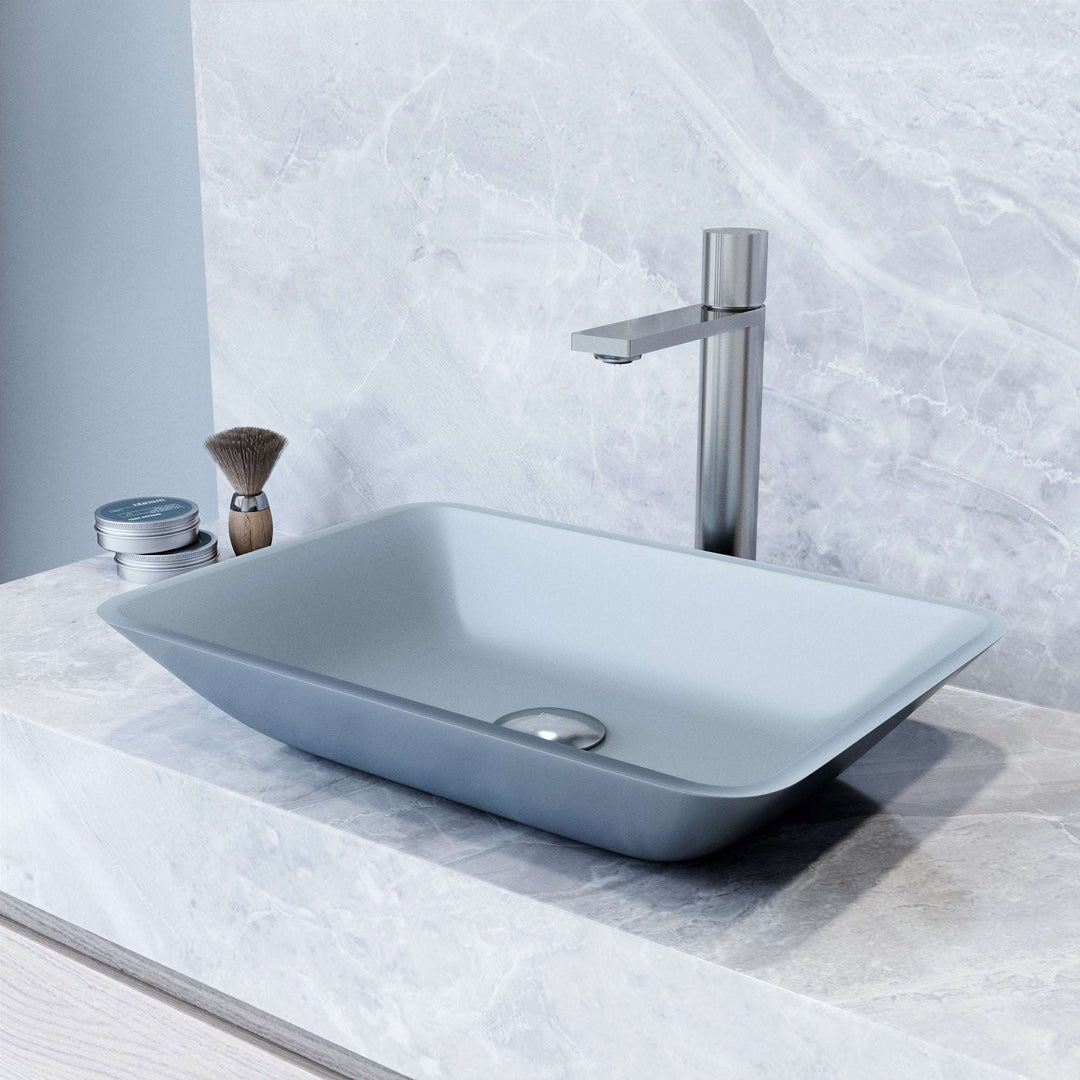 Metallic glass vessel sink with rectangular shape and modern style