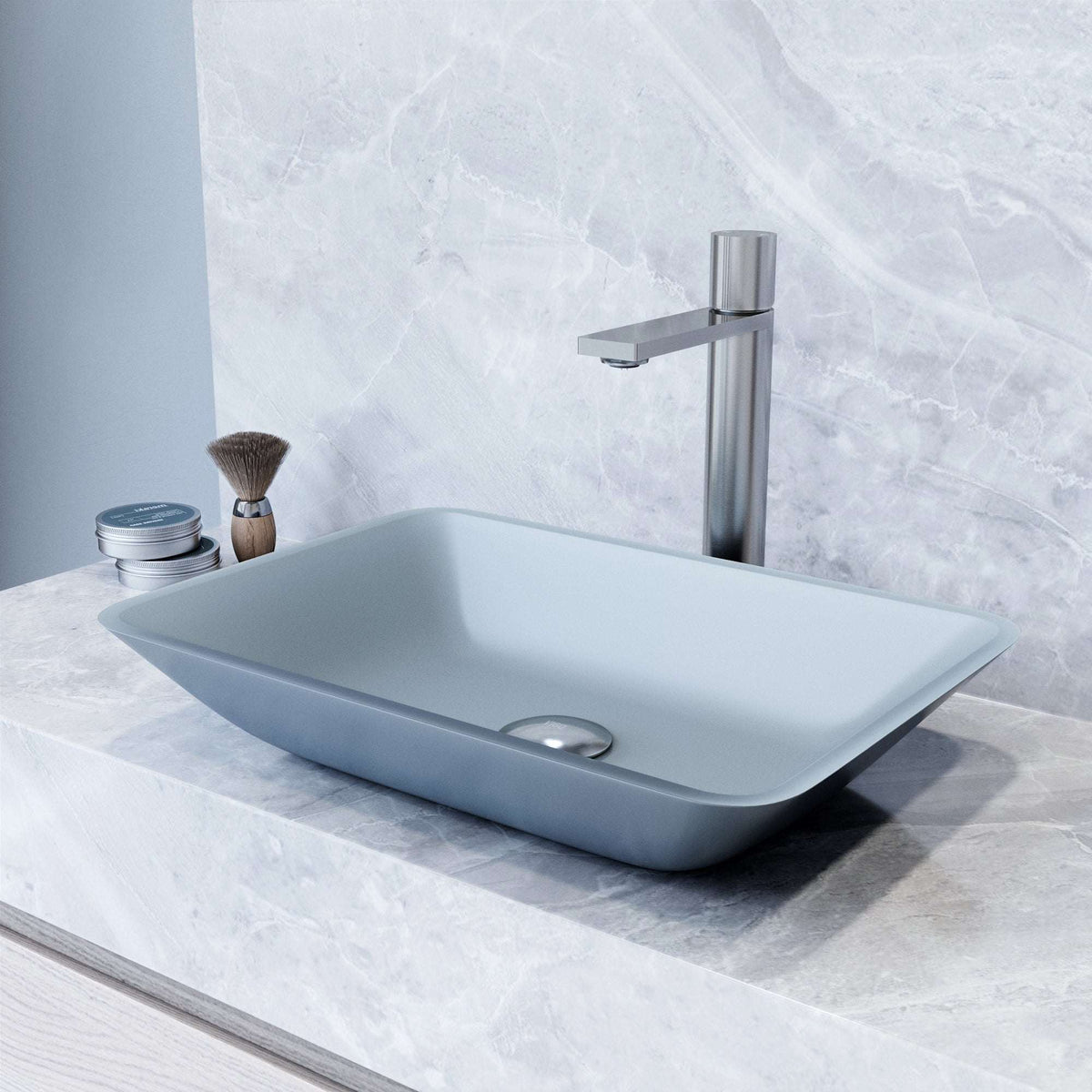 Metallic glass vessel sink with rectangular shape and modern style