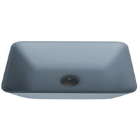 Glass vessel sink with modern design and metallic color for bathrooms