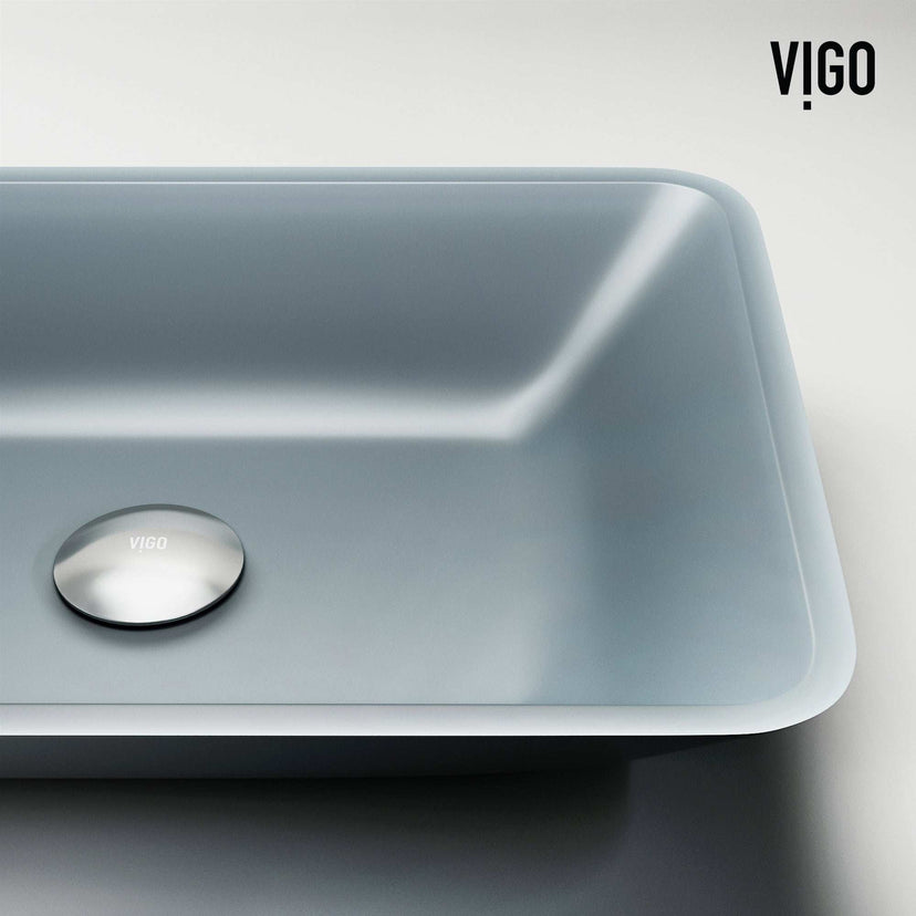 Modern rectangular glass vessel sink with metallic finish