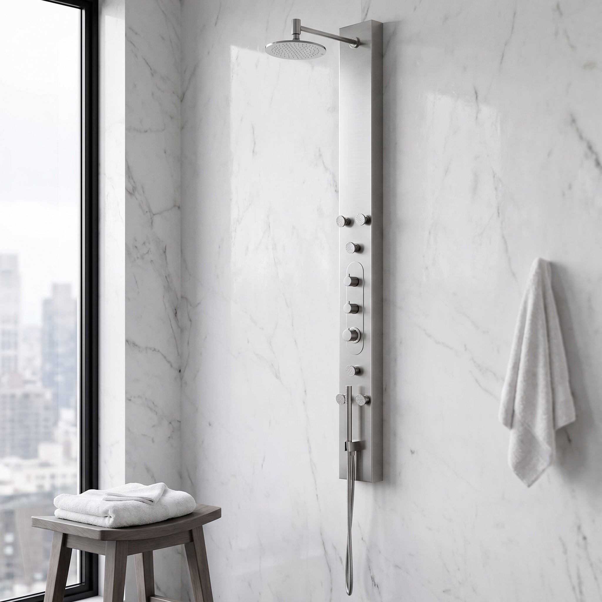 Dilana – Modern Shower Panel System in Stainless Steel with Rain