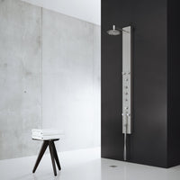 Rectangular shower panel featuring brass valve, flexible hose, and dual-function controls