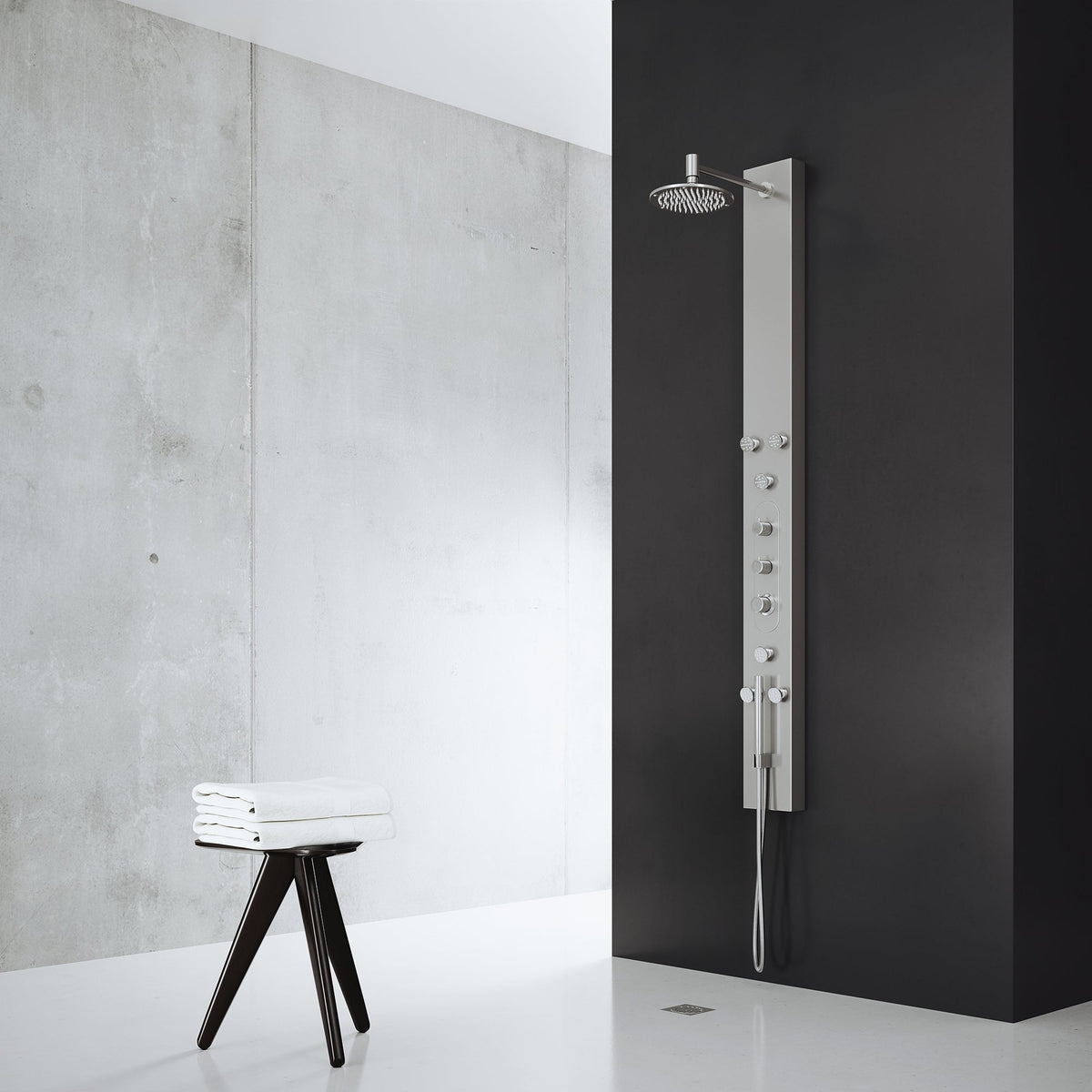 Rectangular shower panel featuring brass valve, flexible hose, and dual-function controls