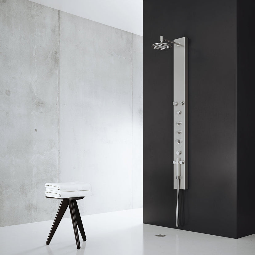 Rectangular shower panel featuring brass valve, flexible hose, and dual-function controls