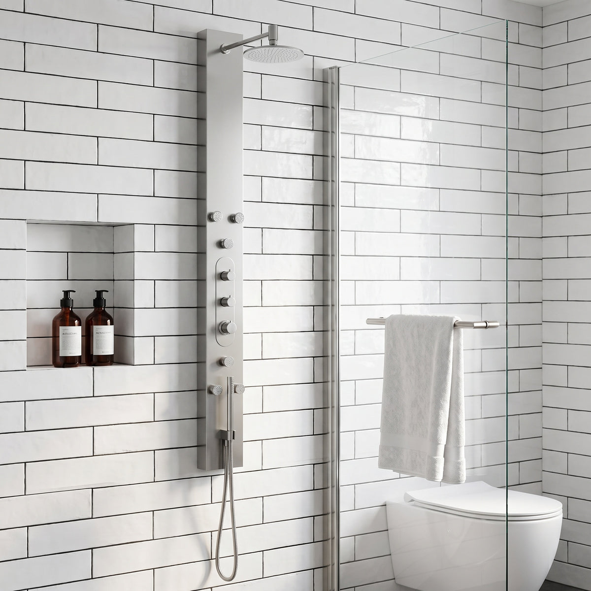 Dilana 67 in. H x 6 in. W 6-Jet Shower Panel System with Adjustable Round Head and Hand Shower Wand in Stainless Steel