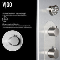 Wall-mounted shower setup with thermostatic cartridge, stainless steel construction, and diverter at top handle