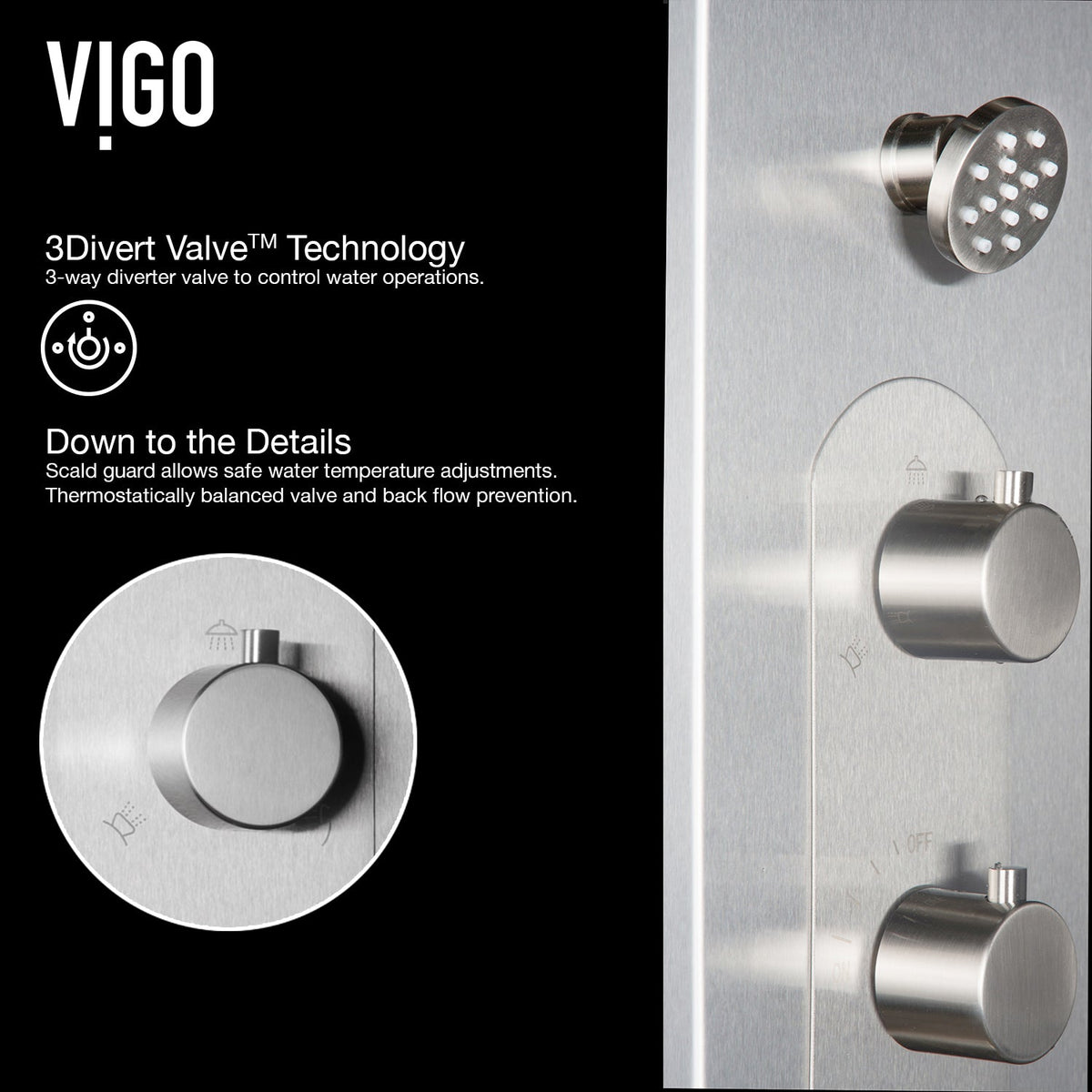 Wall-mounted shower setup with thermostatic cartridge, stainless steel construction, and diverter at top handle