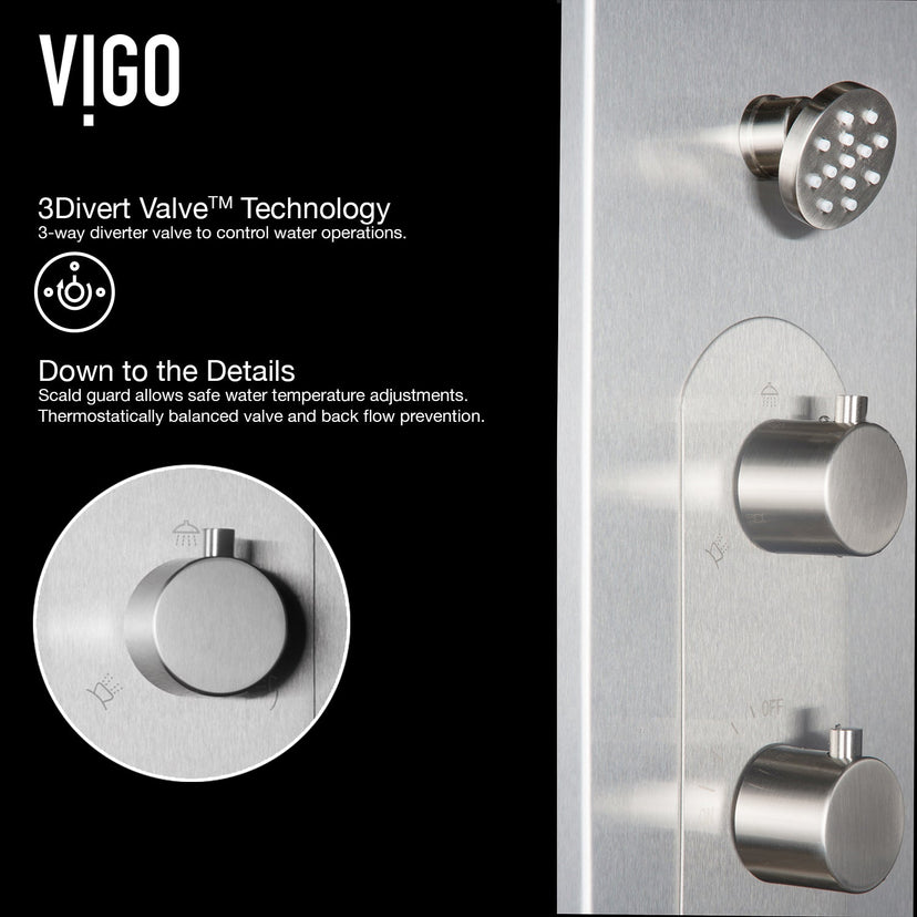 Wall-mounted shower setup with thermostatic cartridge, stainless steel construction, and diverter at top handle
