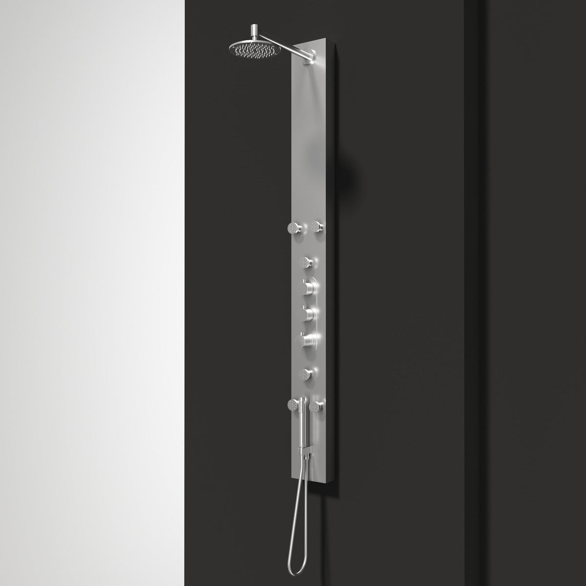 Stainless steel thermostatic shower panel with adjustable body jets and round showerhead