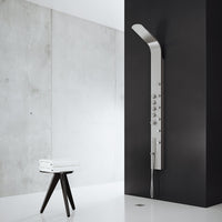 Stainless steel rectangular shower panel with thermostatic control and fixed round showerhead