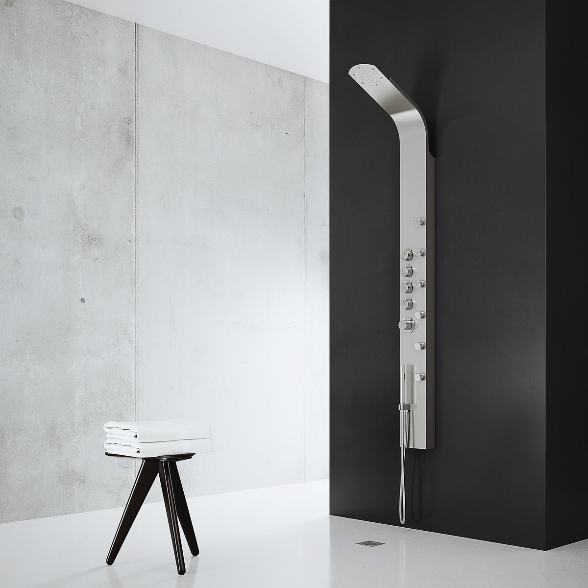Stainless steel rectangular shower panel with thermostatic control and fixed round showerhead
