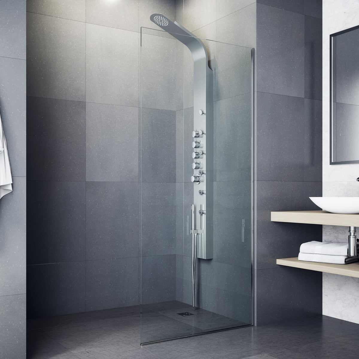 Modern wall mount shower panel with body jets and stainless steel finish