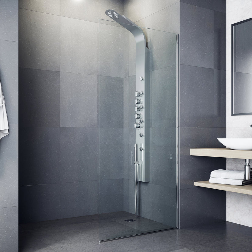 Modern wall mount shower panel with body jets and stainless steel finish