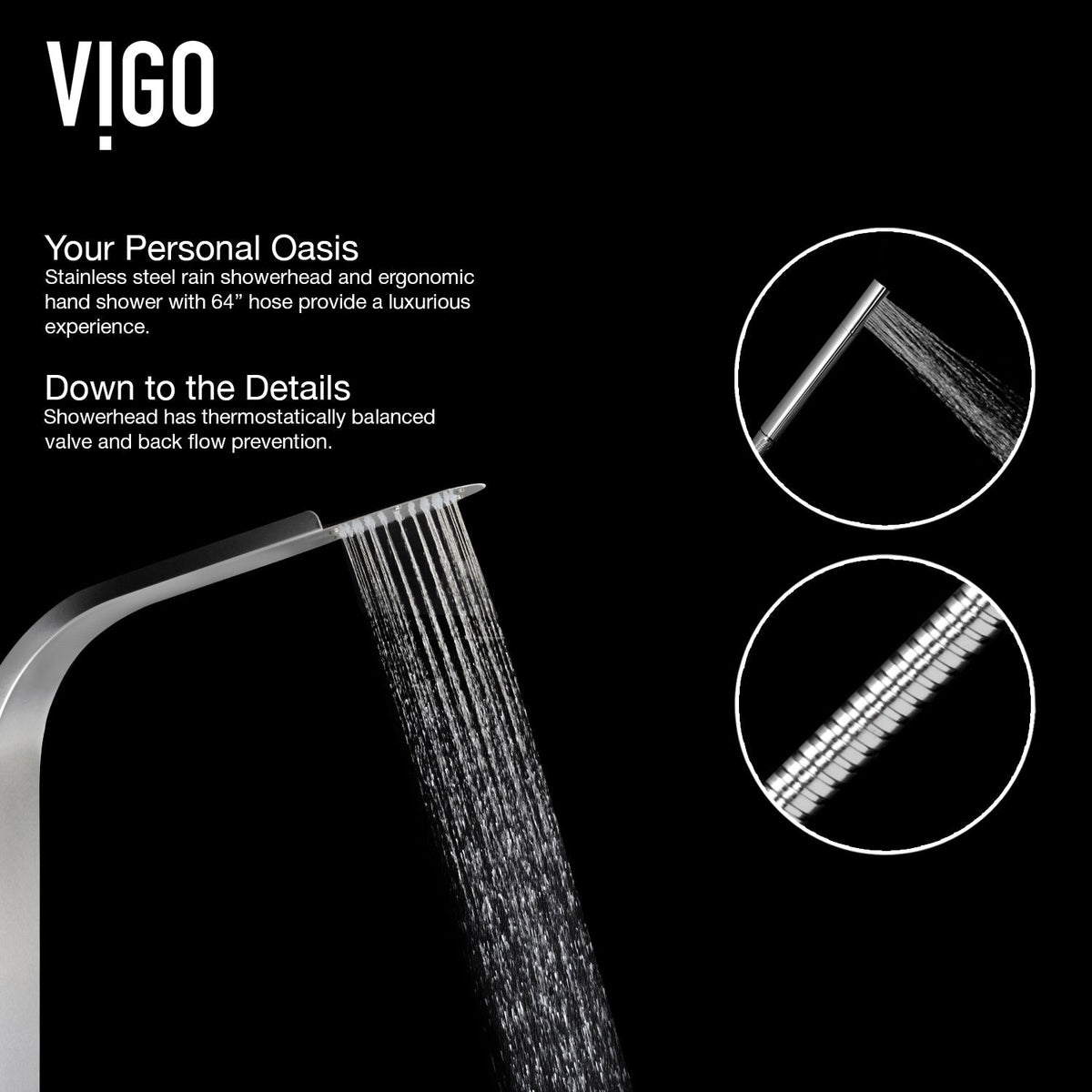 Contemporary shower panel featuring dual function control and kink-free hose