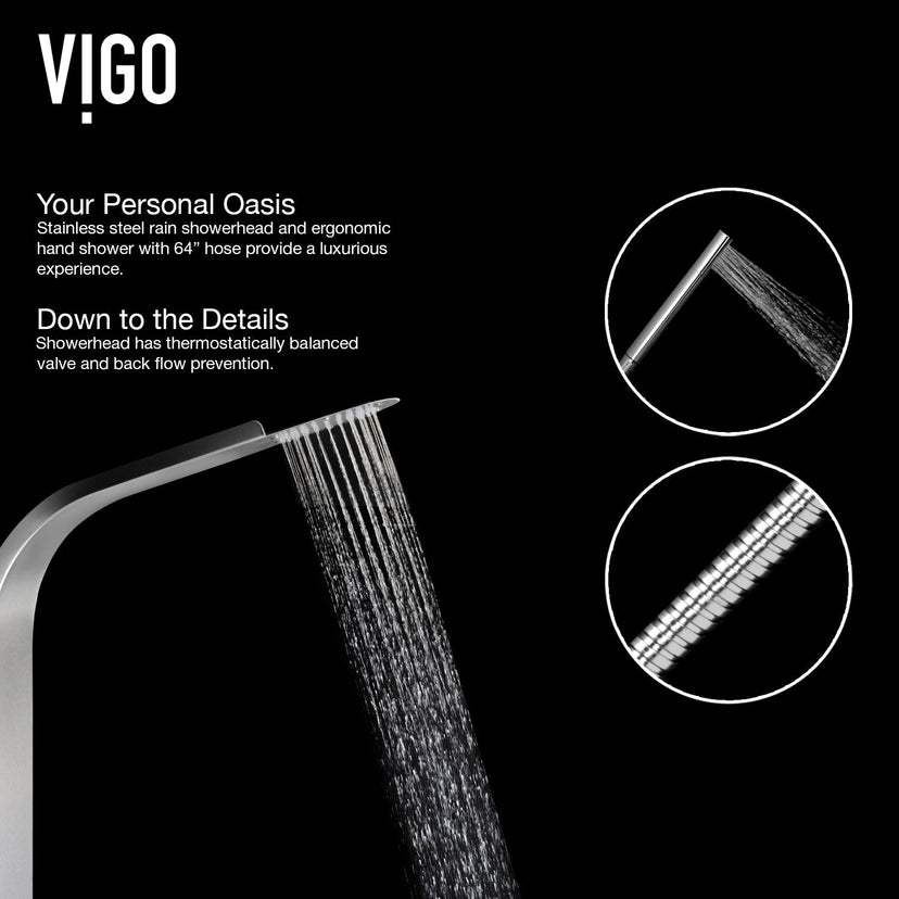 Contemporary shower panel featuring dual function control and kink-free hose