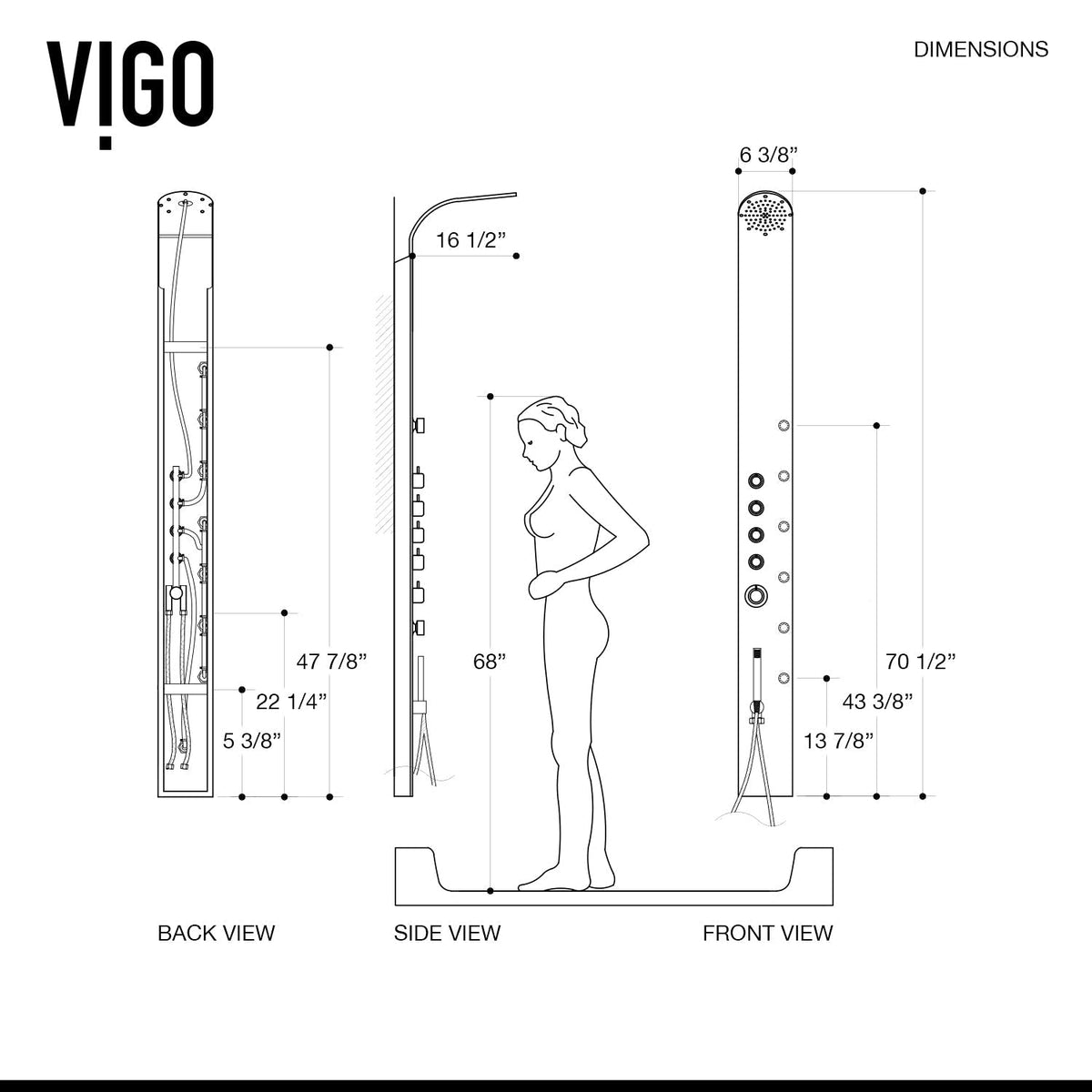 Rectangular shower panel with fixed head, body spray, and easy install components