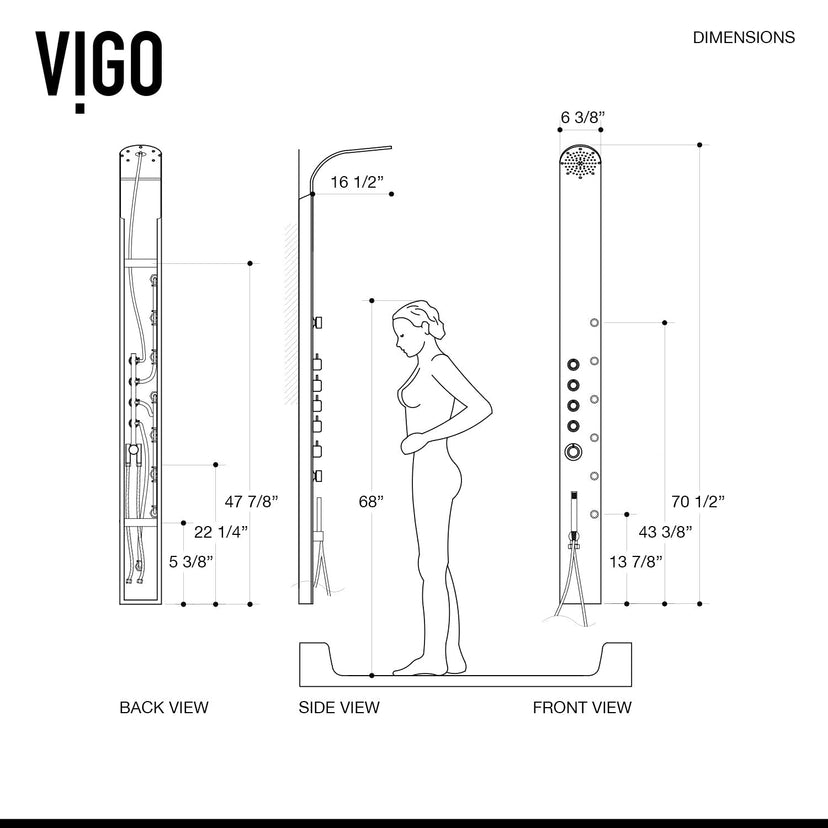 Rectangular shower panel with fixed head, body spray, and easy install components