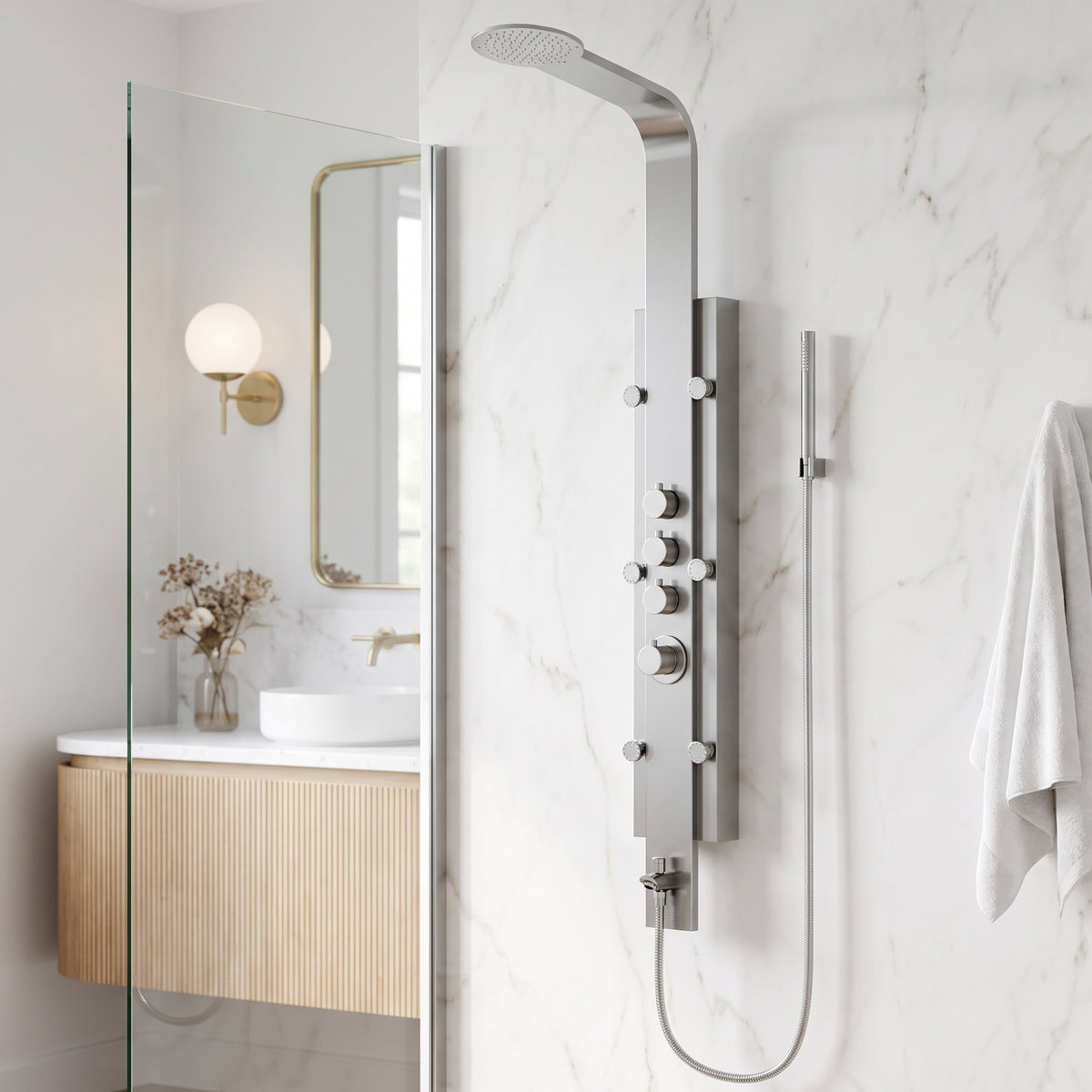 Mateo 60 in. H x 7 in. W 6-Jet Shower Panel System with Fixed Rainhead and Hand Shower Wand in Stainless Steel