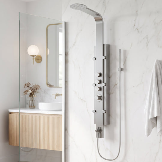 Mateo 60 in. H x 7 in. W 6-Jet Shower Panel System with Fixed Rainhead and Hand Shower Wand in Stainless Steel