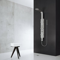 Stainless steel rectangular shower panel with thermostatic control and body jets