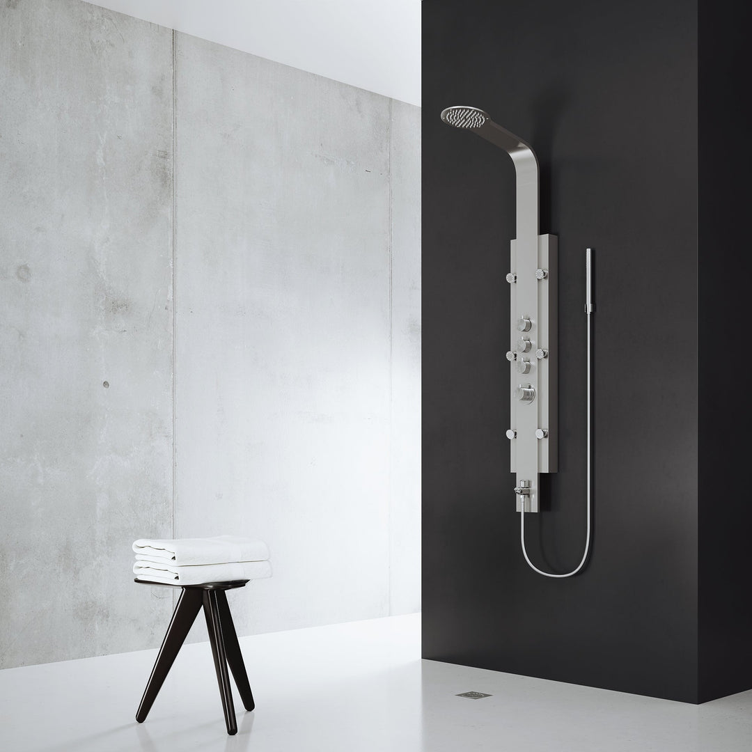 Stainless steel rectangular shower panel with thermostatic control and body jets