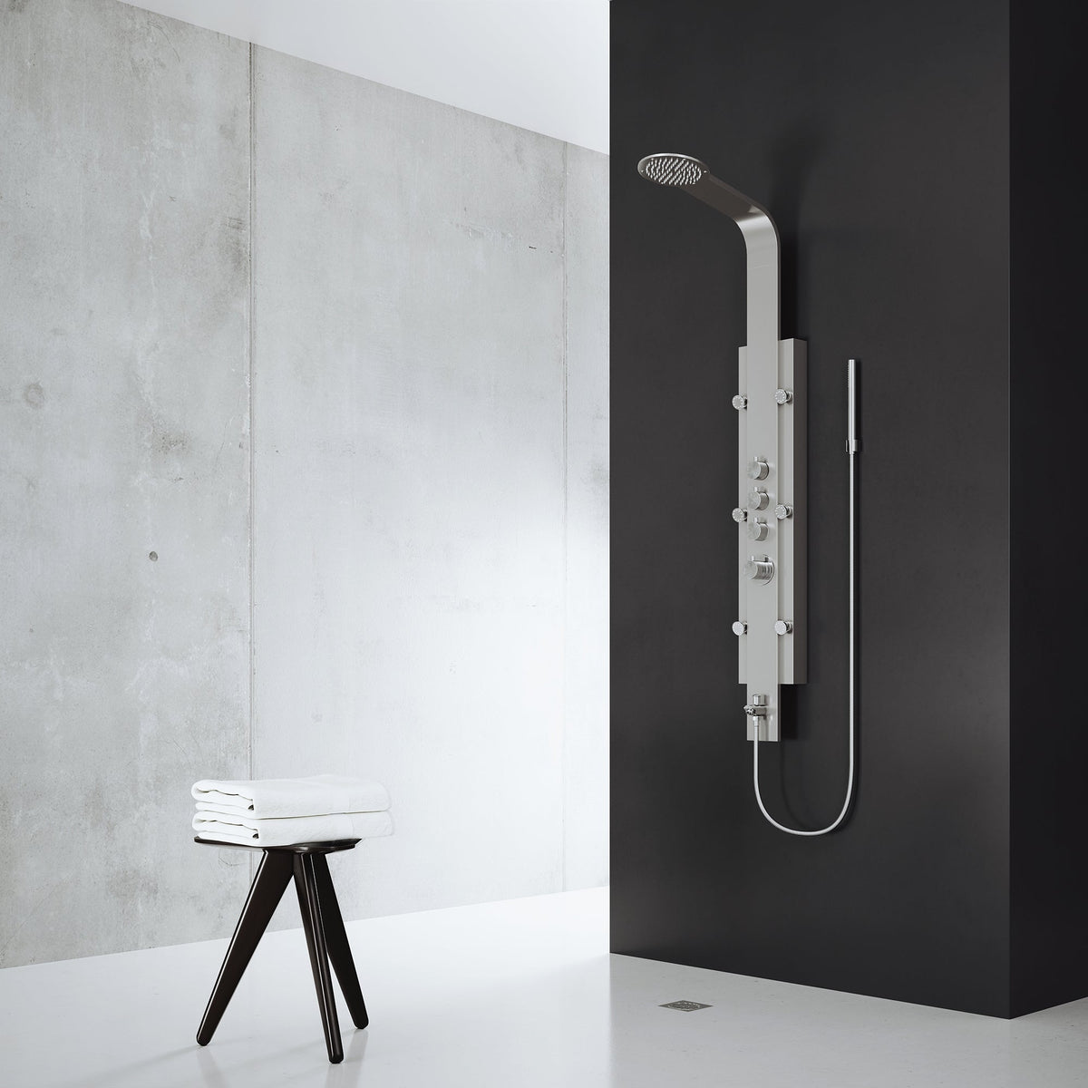 Stainless steel rectangular shower panel with thermostatic control and body jets