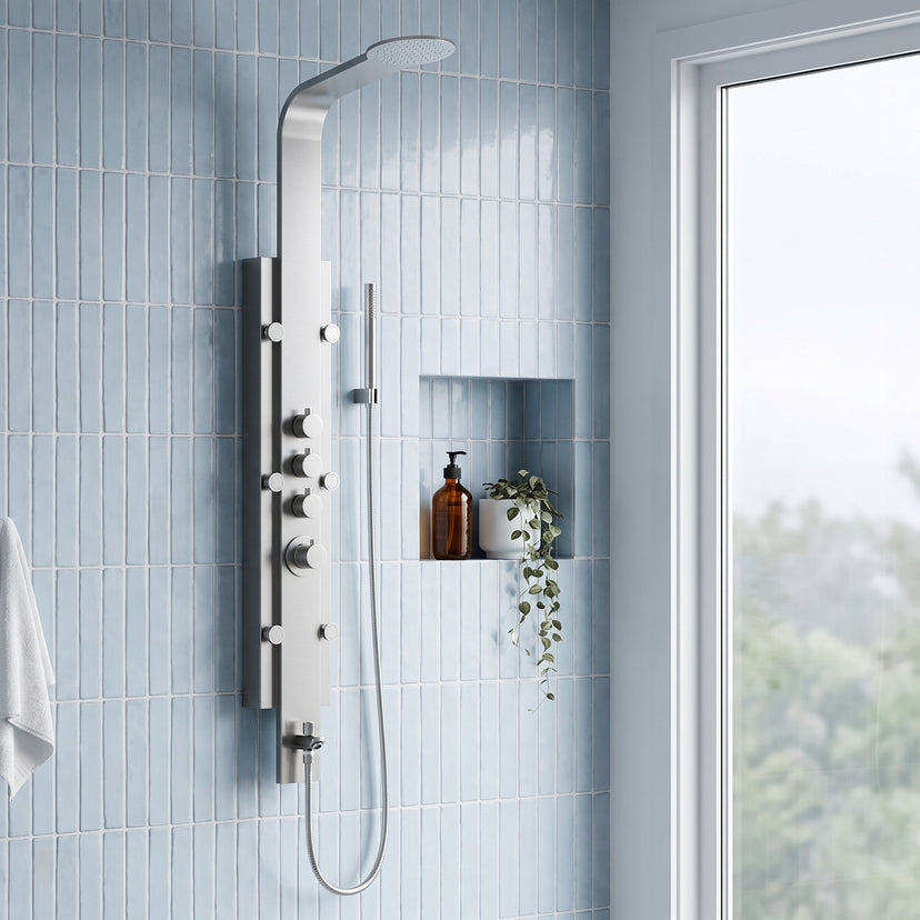Mateo 60 in. H x 7 in. W 6-Jet Shower Panel System with Fixed Rainhead and Hand Shower Wand in Stainless Steel