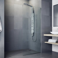 Modern wall-mount shower system with fixed round head and adjustable body sprays