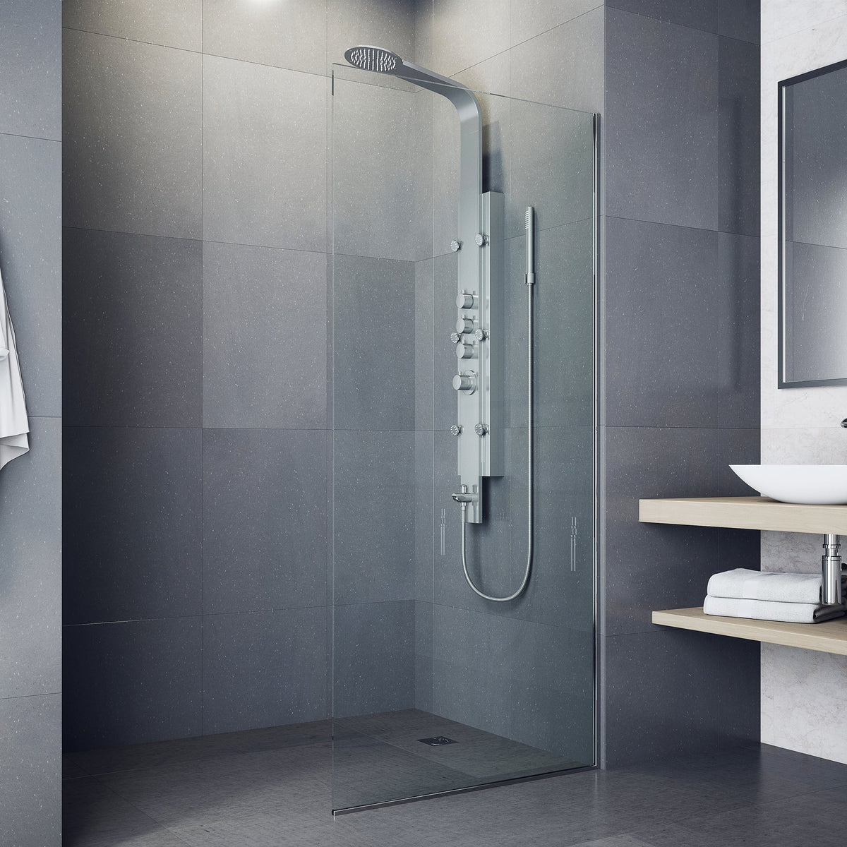 Modern wall-mount shower system with fixed round head and adjustable body sprays