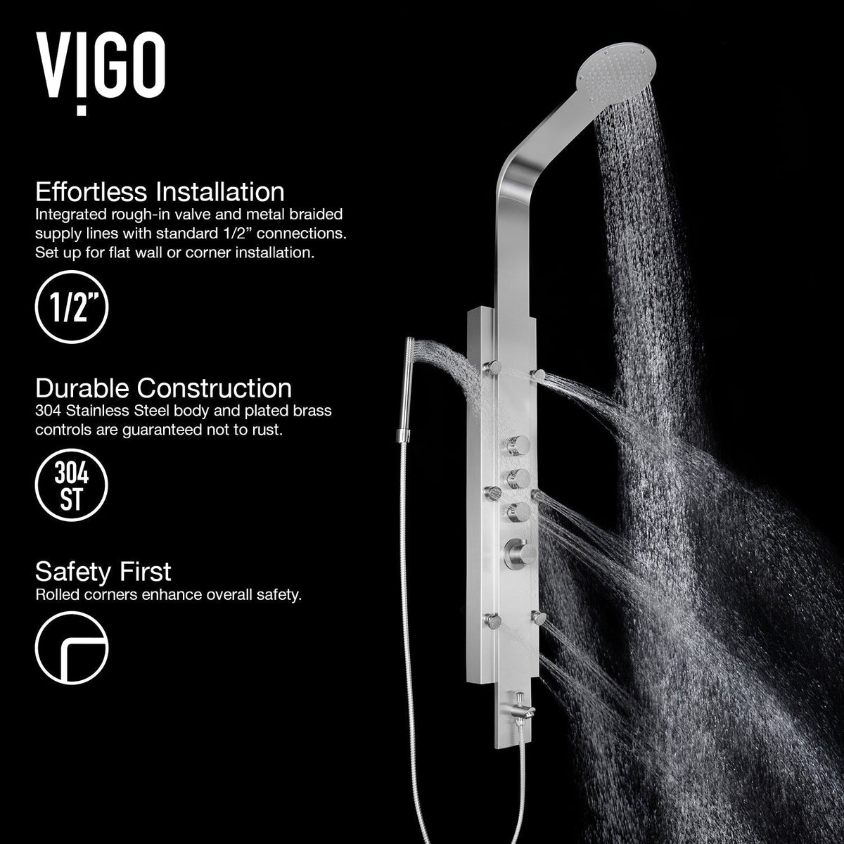Brass valve thermostatic shower panel with included mounting hardware and hose