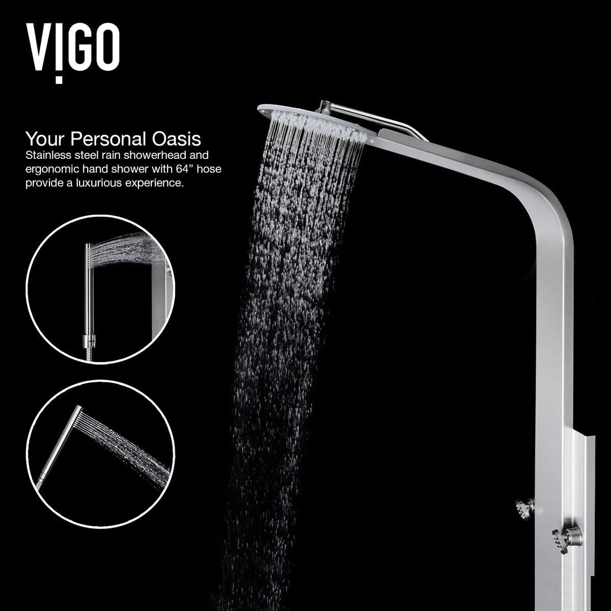 Contemporary stainless steel shower panel featuring dual function control and scald guard