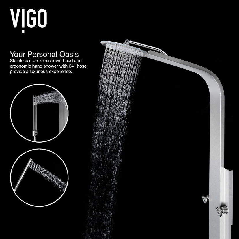 Contemporary stainless steel shower panel featuring dual function control and scald guard